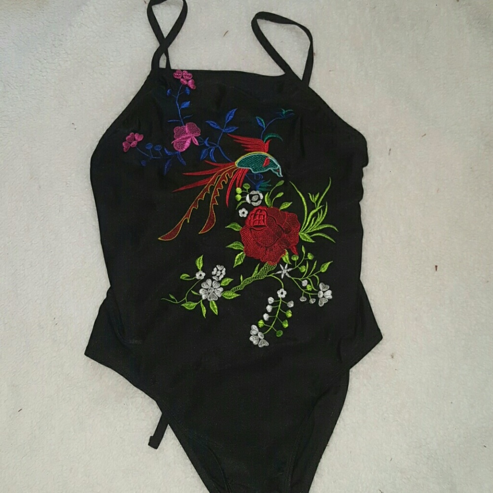 Embroidered black bathing suit